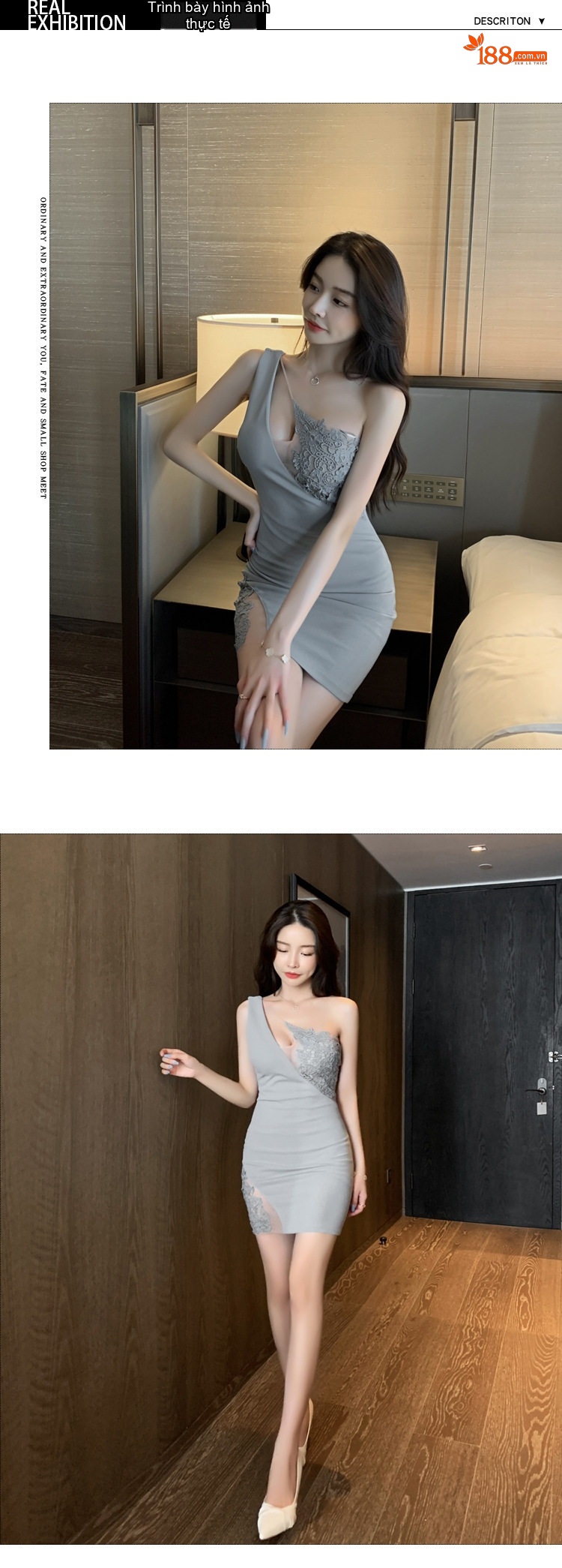 Váy Ngắn Ôm Body Hở Vai Ren Lưới Gợi Cảm Màu Xám, Đen chi tiết 4