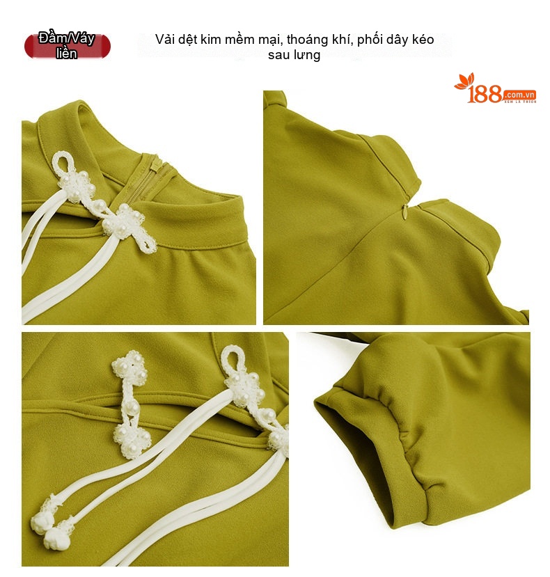 Váy Ngắn Sườn Xám Cách Tân Tay Phồng Dáng Ôm Cho Nữ Màu Đen, Xanh Olive chi tiết 4