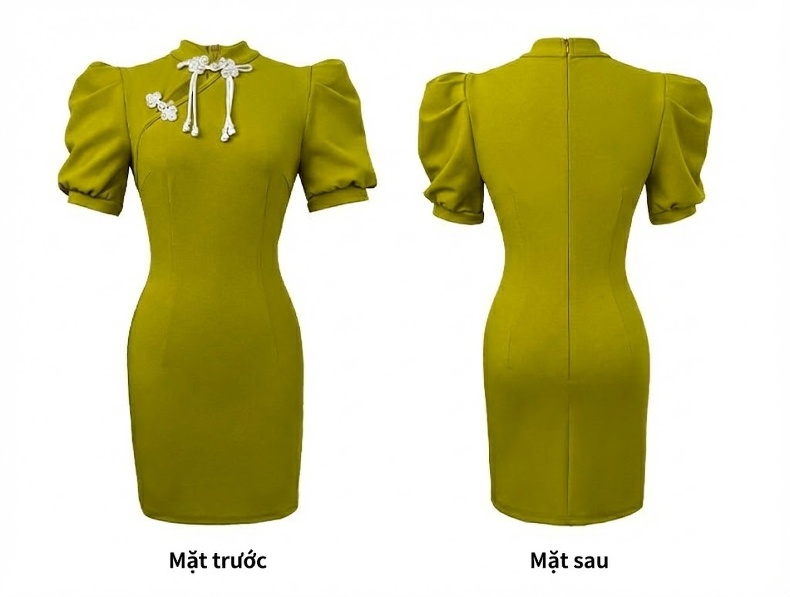 Váy Ngắn Sườn Xám Cách Tân Tay Phồng Dáng Ôm Cho Nữ Màu Đen, Xanh Olive chi tiết 7
