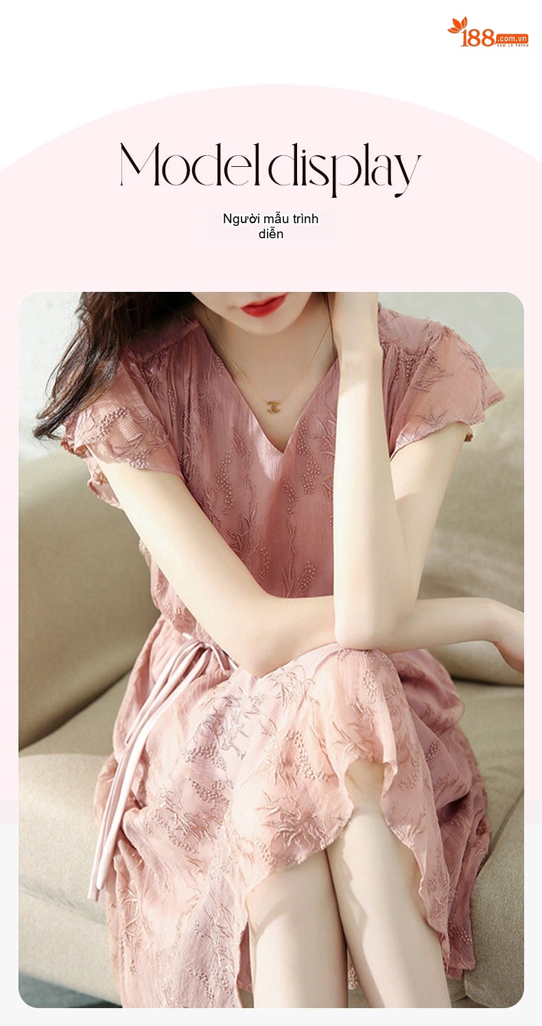 Váy Ngắn Tay Chữ A Cổ chữ V Phom Rộng Dáng Xòe Nữ Tính Màu Hồng chi tiết 10