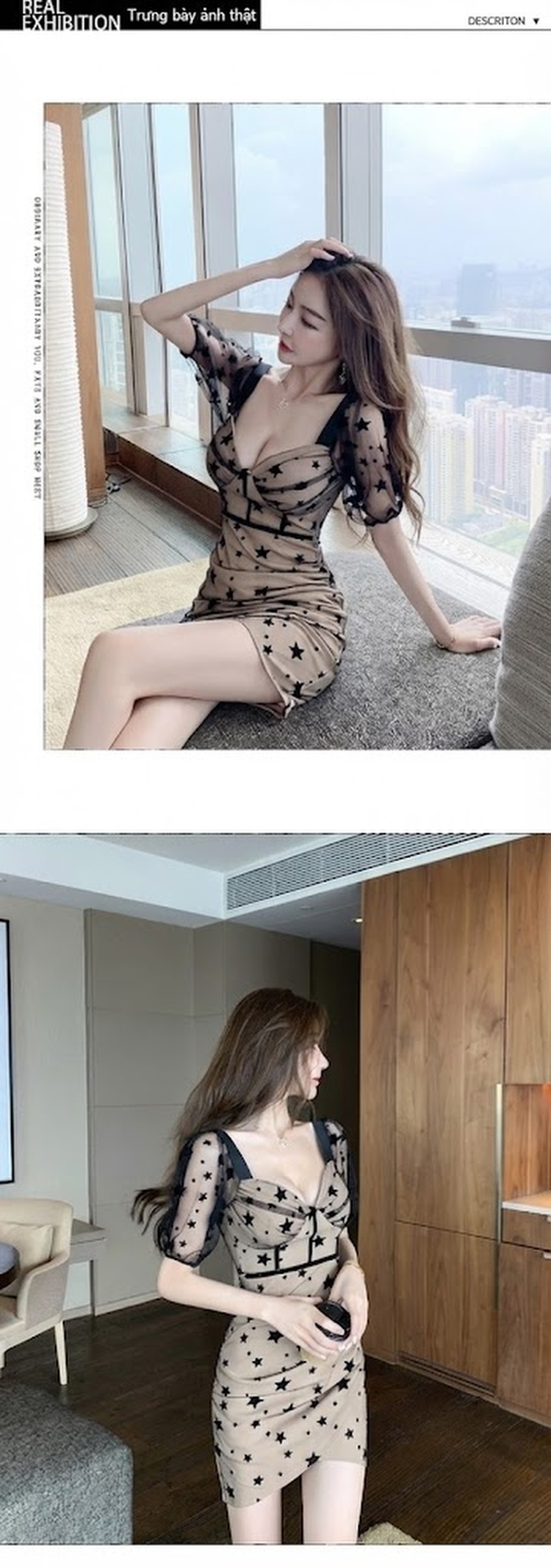 Váy Ngắn Tay Lỡ Hở Lưng In Hoa Ngực Sâu Ôm Body Xẻ Tà Màu Be, Đen chi tiết 3