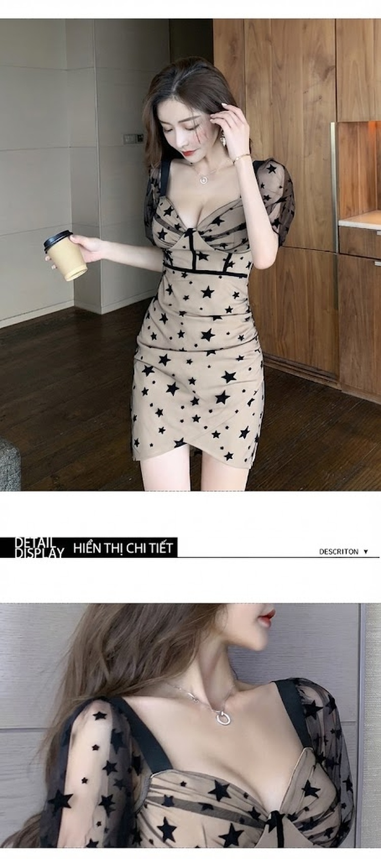 Váy Ngắn Tay Lỡ Hở Lưng In Hoa Ngực Sâu Ôm Body Xẻ Tà Màu Be, Đen chi tiết 6