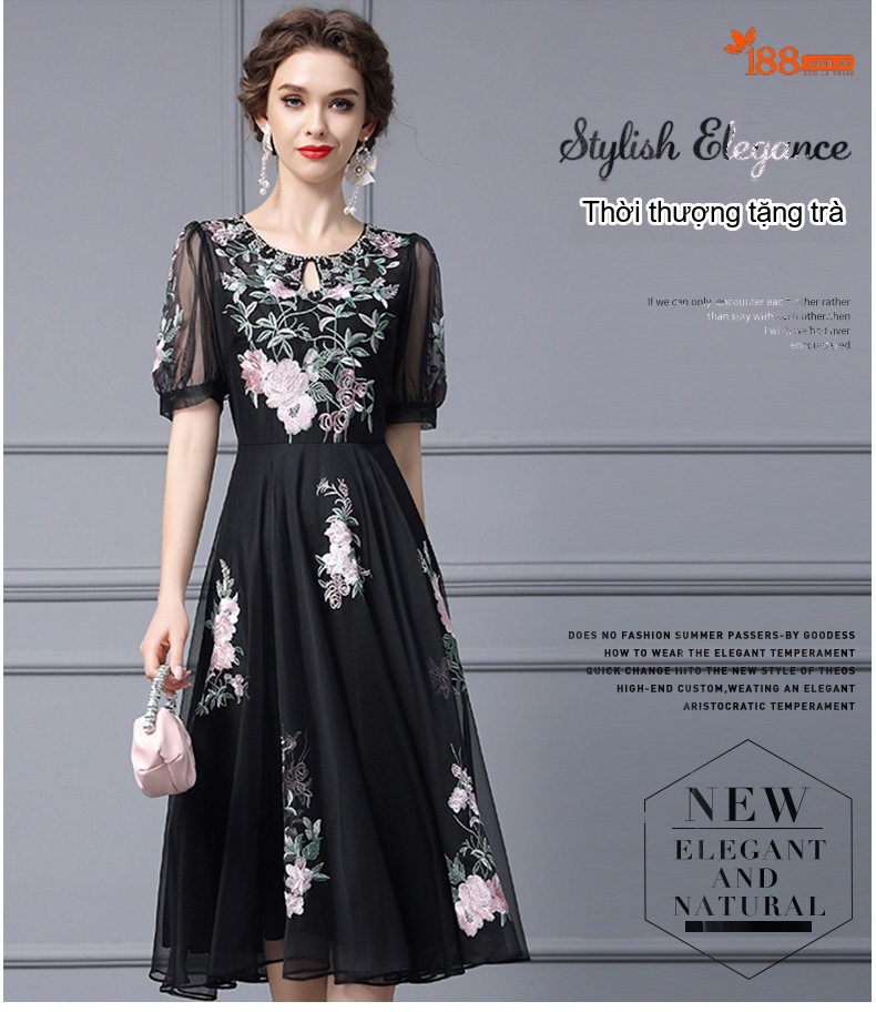 Váy Ngắn Tay Lưới Thêu Hoa Đính Đá Cao Cấp Màu Đen, Xanh chi tiết 17