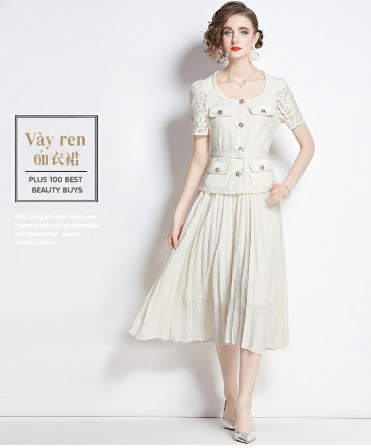 Váy Ngắn Tay Nữ Cổ chữ Vuông Phối Ren Dập Ly Đính Cườm Màu Đen, Trắng chi tiết 1