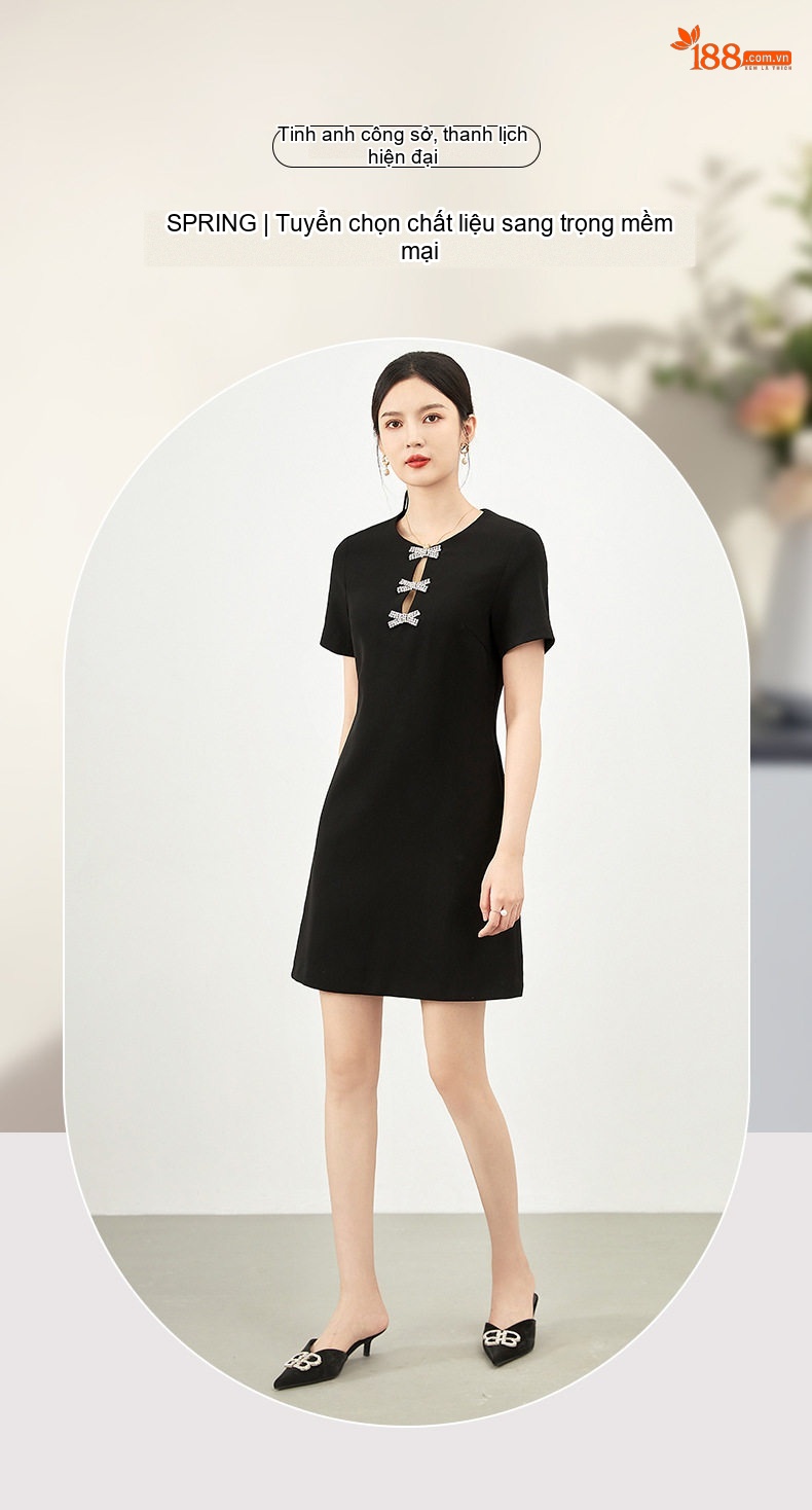 Váy Ngắn Tay Phồng Nữ Đính Nơ Phong Cách Pháp Màu Đen, Trắng chi tiết 1