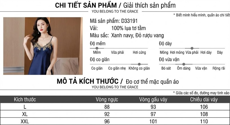 Váy Ngủ Lụa Dài Hai Dây Ren Quyến Rũ Gợi Cảm Màu Đỏ, Xanh Navy chi tiết 4