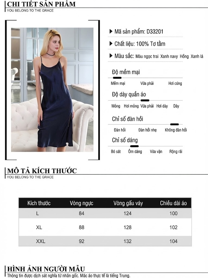 Váy Ngủ Lụa Tơ Tằm Hai Dây Dáng Dài Xẻ Tà Gợi Cảm Màu Hồng, Xanh Lá, Trắng, Xanh Navy chi tiết 3