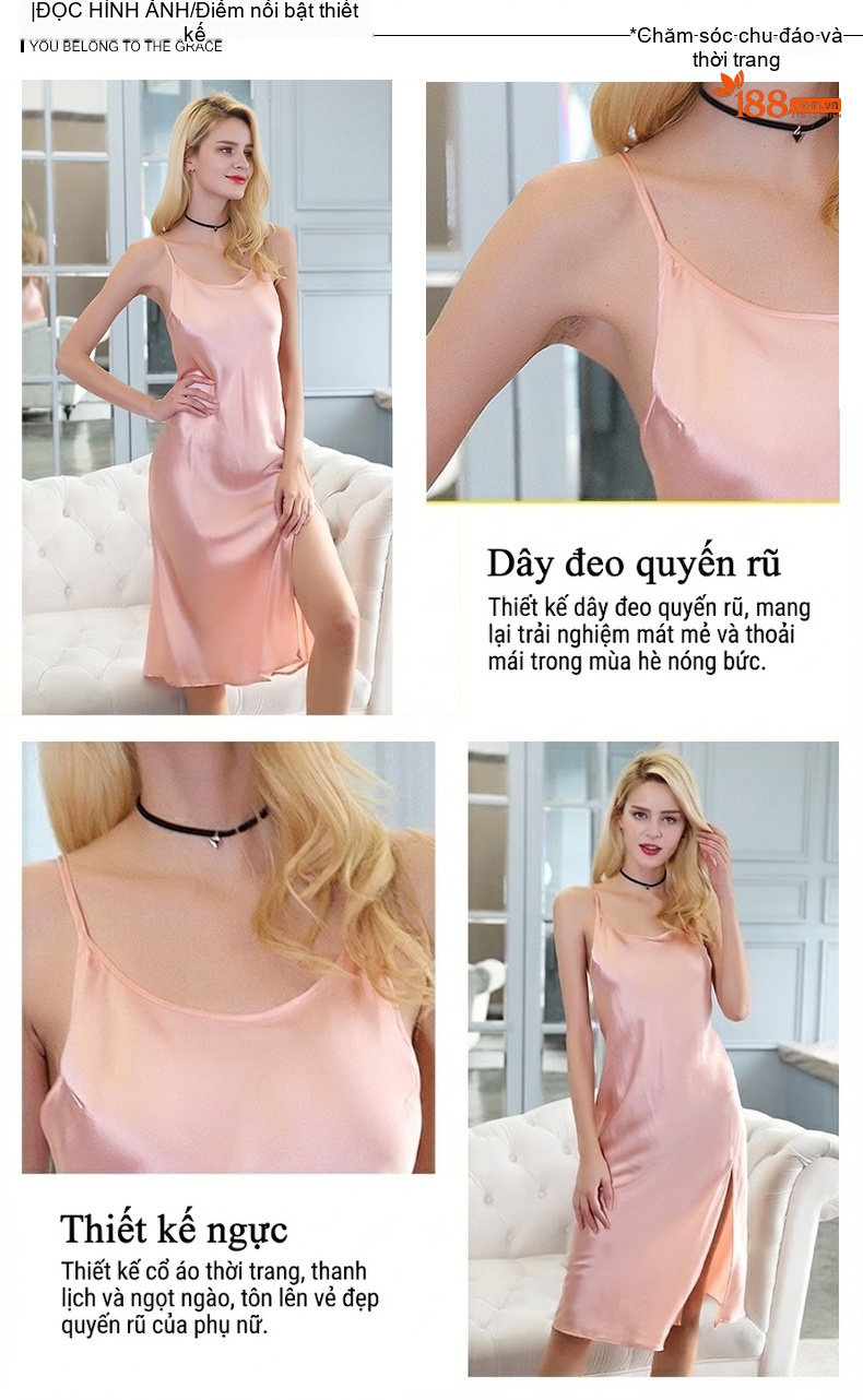 Váy Ngủ Lụa Tơ Tằm Hai Dây Dáng Dài Xẻ Tà Gợi Cảm Màu Hồng, Xanh Lá, Trắng, Xanh Navy chi tiết 1
