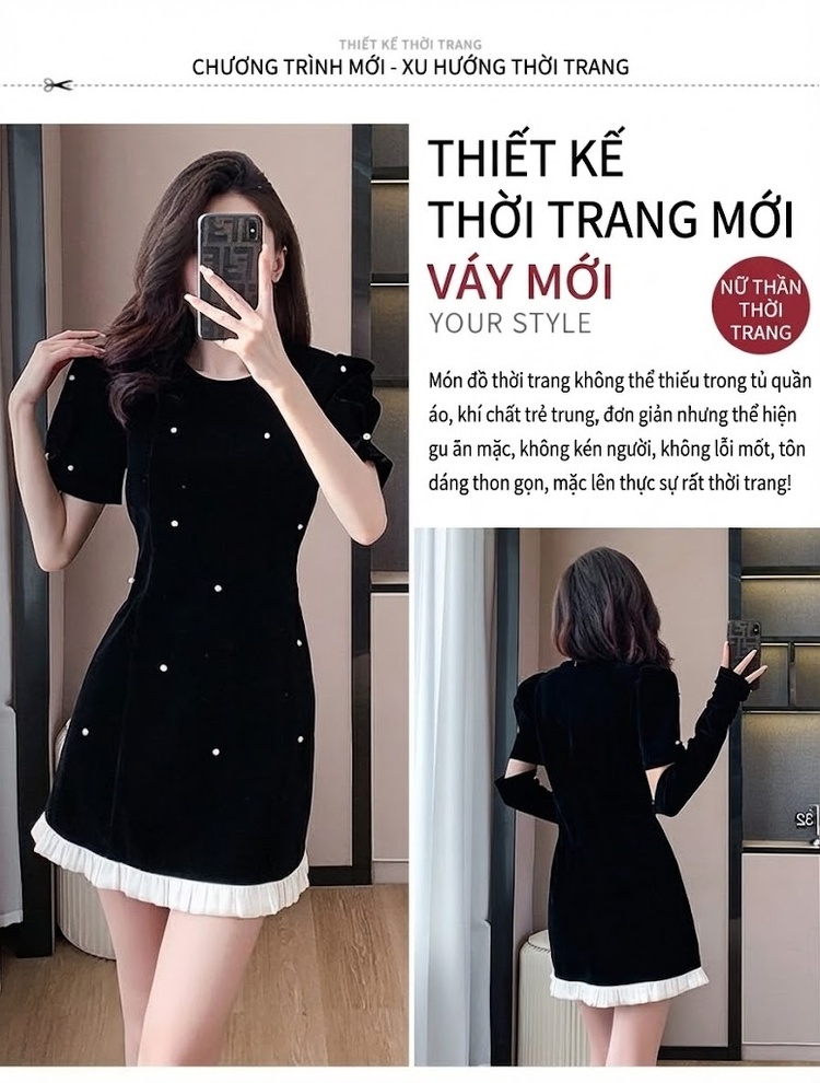 Váy Nhung Nữ Kiểu Pháp Thanh Lịch Ôm Dáng Chữ A Kèm Tay Áo Màu Đen chi tiết 4