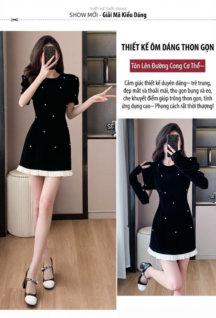 Váy Nhung Nữ Kiểu Pháp Thanh Lịch Ôm Dáng Chữ A Kèm Tay Áo Màu Đen chi tiết 2