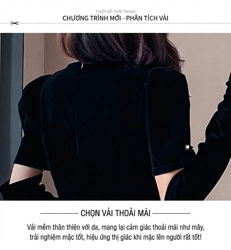 Váy Nhung Nữ Kiểu Pháp Thanh Lịch Ôm Dáng Chữ A Kèm Tay Áo Màu Đen chi tiết 5