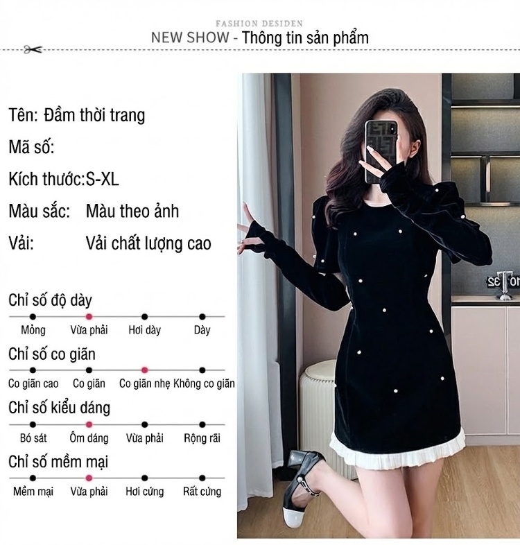 Váy Nhung Nữ Kiểu Pháp Thanh Lịch Ôm Dáng Chữ A Kèm Tay Áo Màu Đen chi tiết 6