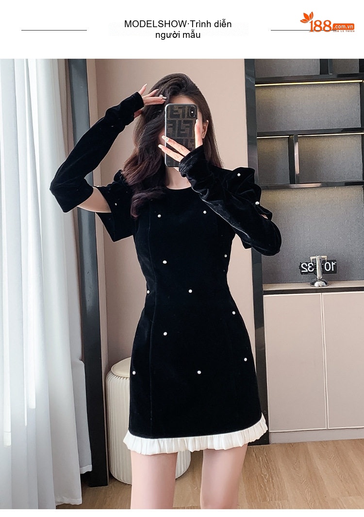 Váy Nhung Nữ Kiểu Pháp Thanh Lịch Ôm Dáng Chữ A Kèm Tay Áo Màu Đen chi tiết 8