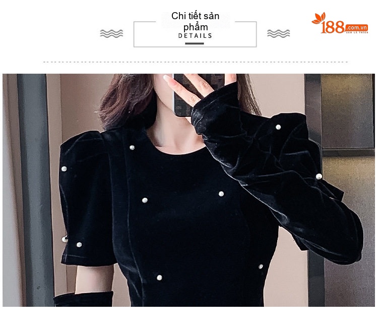Váy Nhung Nữ Kiểu Pháp Thanh Lịch Ôm Dáng Chữ A Kèm Tay Áo Màu Đen chi tiết 18