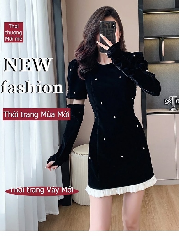 Váy Nhung Nữ Kiểu Pháp Thanh Lịch Ôm Dáng Chữ A Kèm Tay Áo Màu Đen chi tiết 1