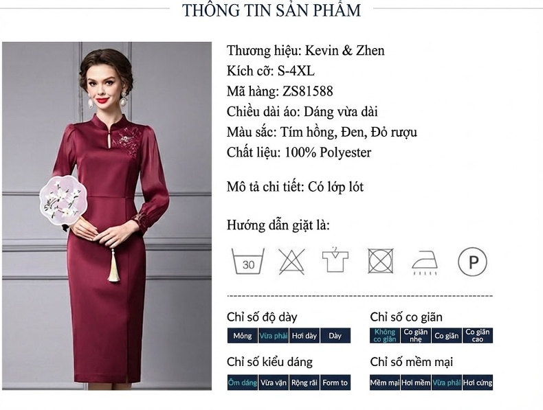 Váy Ôm Body Dáng Dài Tay Dài Phong Cách Trung Hoa Cao Cấp Màu Đỏ Rượu chi tiết 1