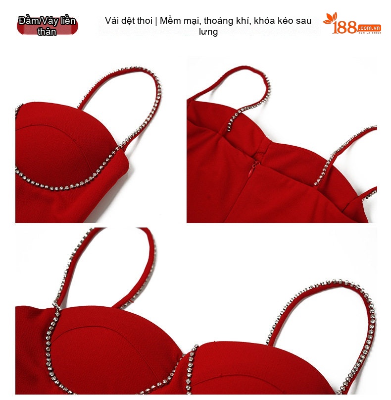 Váy Ôm Body Hai Dây Nữ Đính Đá Sexy Màu Đen, Đỏ, Xanh Lá chi tiết 5