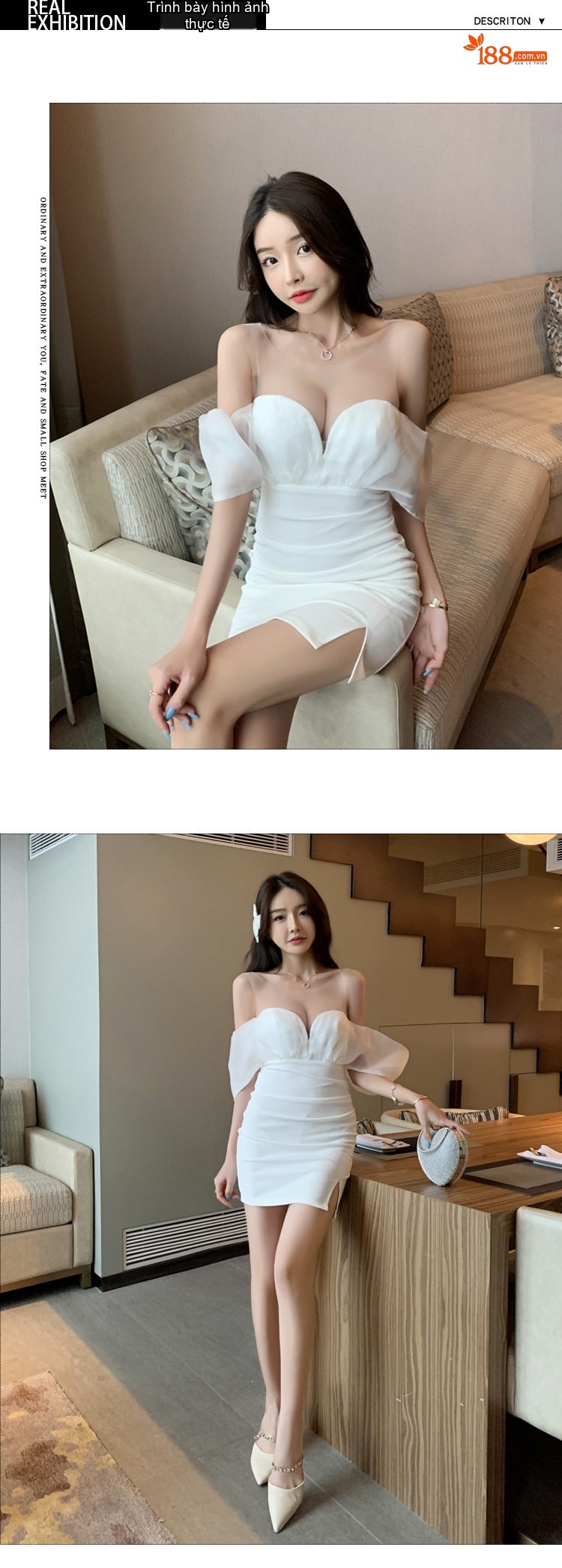 Váy Ôm Body Hở Lưng Cổ chữ V Xẻ Tà Quyến Rũ Màu Trắng, Đen chi tiết 4