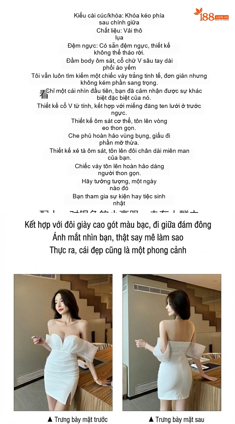 Váy Ôm Body Hở Lưng Cổ chữ V Xẻ Tà Quyến Rũ Màu Trắng, Đen chi tiết 2