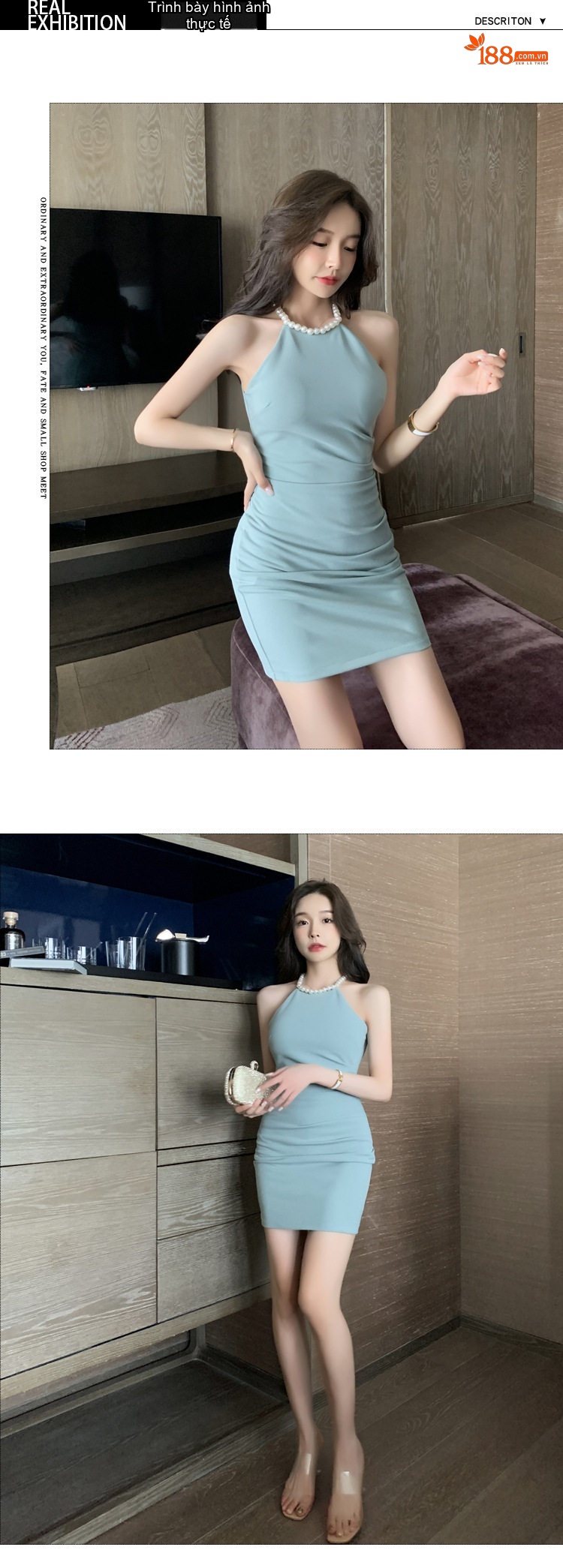 Váy Ôm Body Hở Lưng Cổ Yếm Không Tay Màu Xanh, Đen, Trắng chi tiết 4