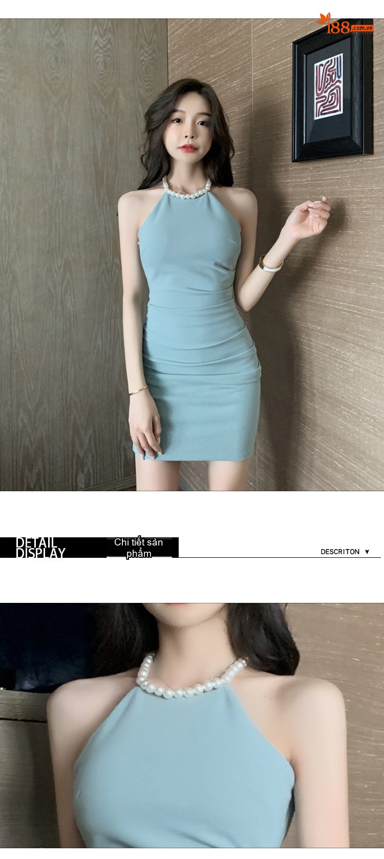 Váy Ôm Body Hở Lưng Cổ Yếm Không Tay Màu Xanh, Đen, Trắng chi tiết 7