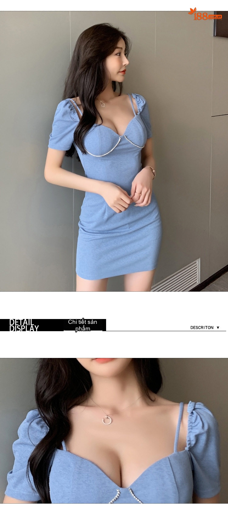 Váy Ôm Body Hở Vai Cổ Chữ U Dây Treo Ngắn Tay Phong Cách Gợi Cảm Màu Xanh, Trắng, Đen chi tiết 7