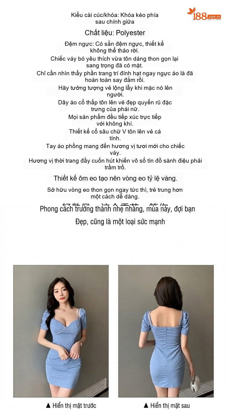 Váy Ôm Body Hở Vai Cổ Chữ U Dây Treo Ngắn Tay Phong Cách Gợi Cảm Màu Xanh, Trắng, Đen chi tiết 2