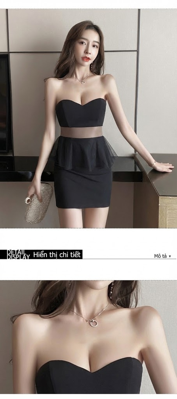 Váy Ôm Body Hở Vai Cổ Yếm Bèo Nhún Dự Tiệc Màu Đen, Trắng chi tiết 6