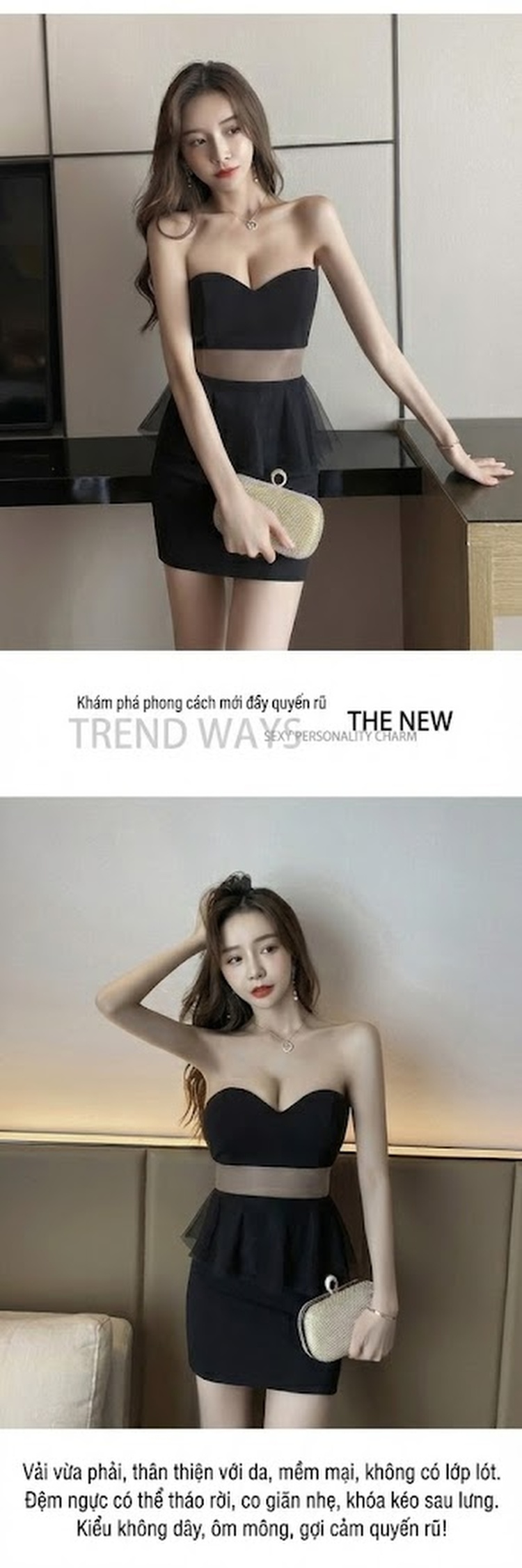 Váy Ôm Body Hở Vai Cổ Yếm Bèo Nhún Dự Tiệc Màu Đen, Trắng chi tiết 1