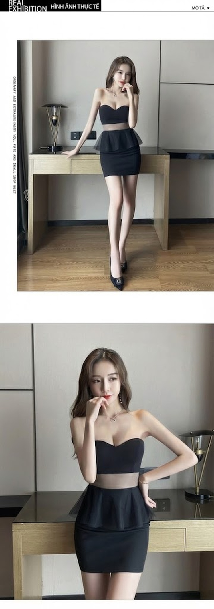 Váy Ôm Body Hở Vai Cổ Yếm Bèo Nhún Dự Tiệc Màu Đen, Trắng chi tiết 3