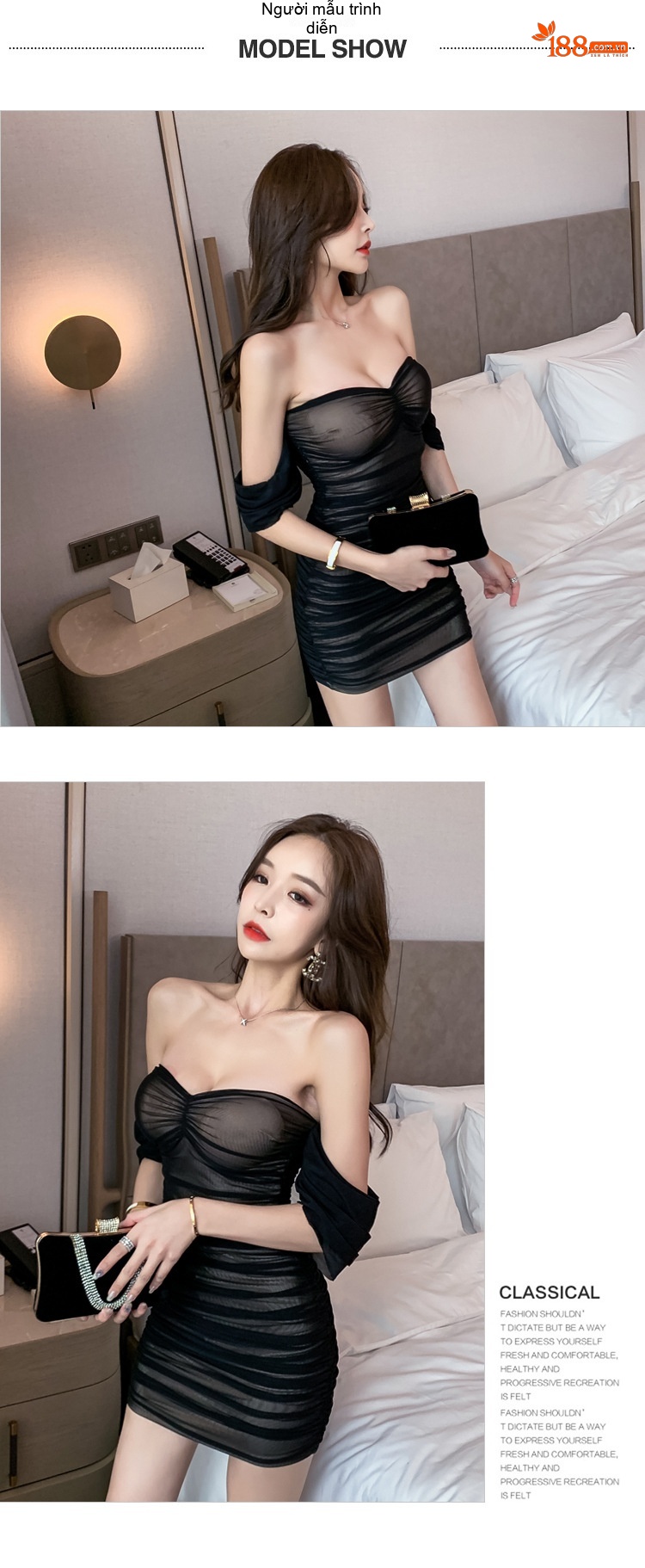 Váy Ôm Body Hở Vai Ngắn Gợi Cảm Màu Đen chi tiết 3