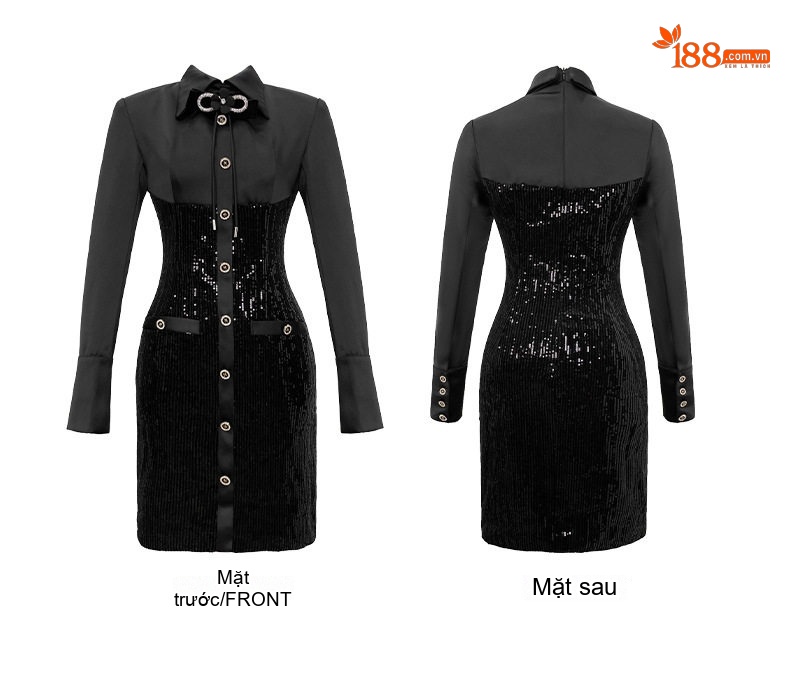 Váy Ôm Body Nữ Cổ Búp Bê Tay Dài Đính Kim Sa Lấp Lánh Màu Đen chi tiết 4