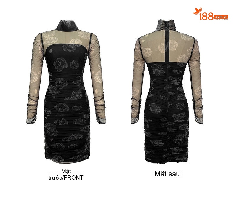 Váy Ôm Body Nữ Cổ Cao Tay Dài Lưới In Hoa Che Bụng Màu Đen chi tiết 4