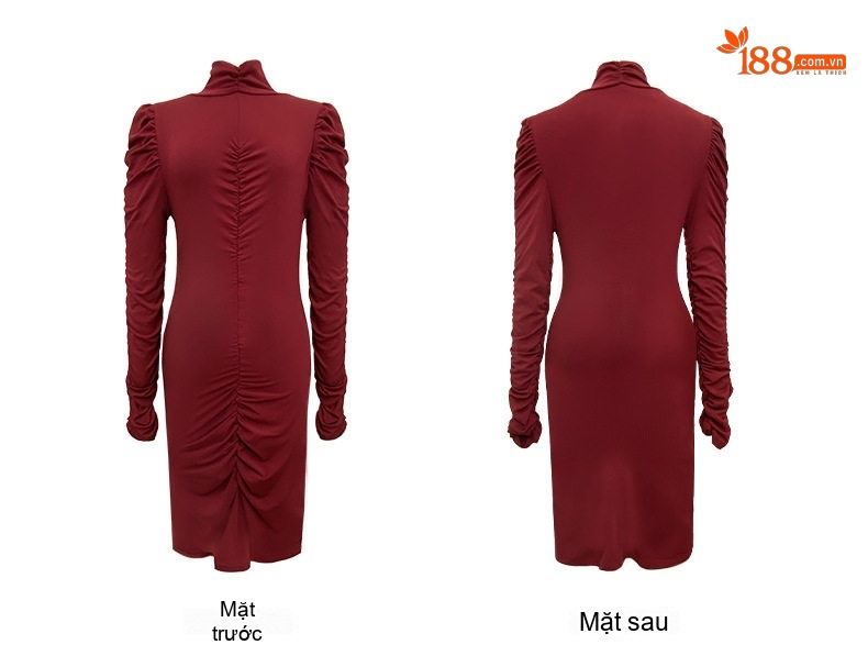 Váy Ôm Body Nữ Cổ Cao Tay Dài Thiết Kế Nhún Eo Tôn Dáng Màu Đỏ, Đen chi tiết 5