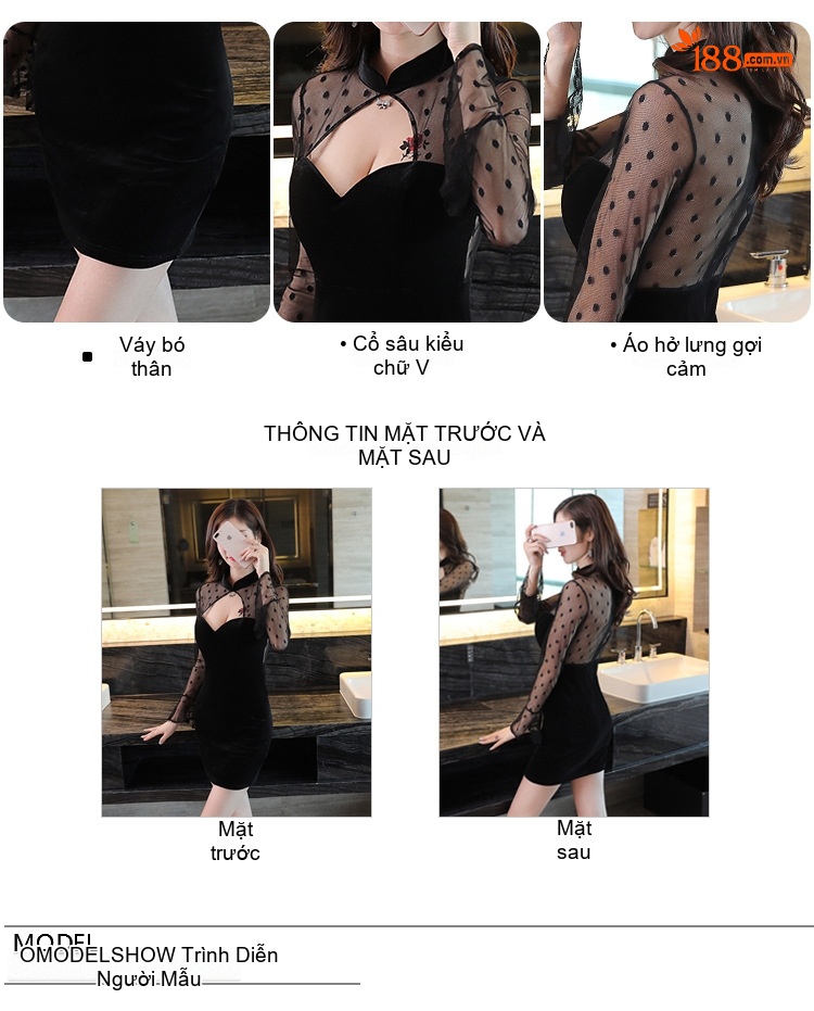 Váy Ôm Body Nữ Cổ chữ V Chữ V Tay Lưới Họa Tiết Chấm Bi Màu Đen chi tiết 3