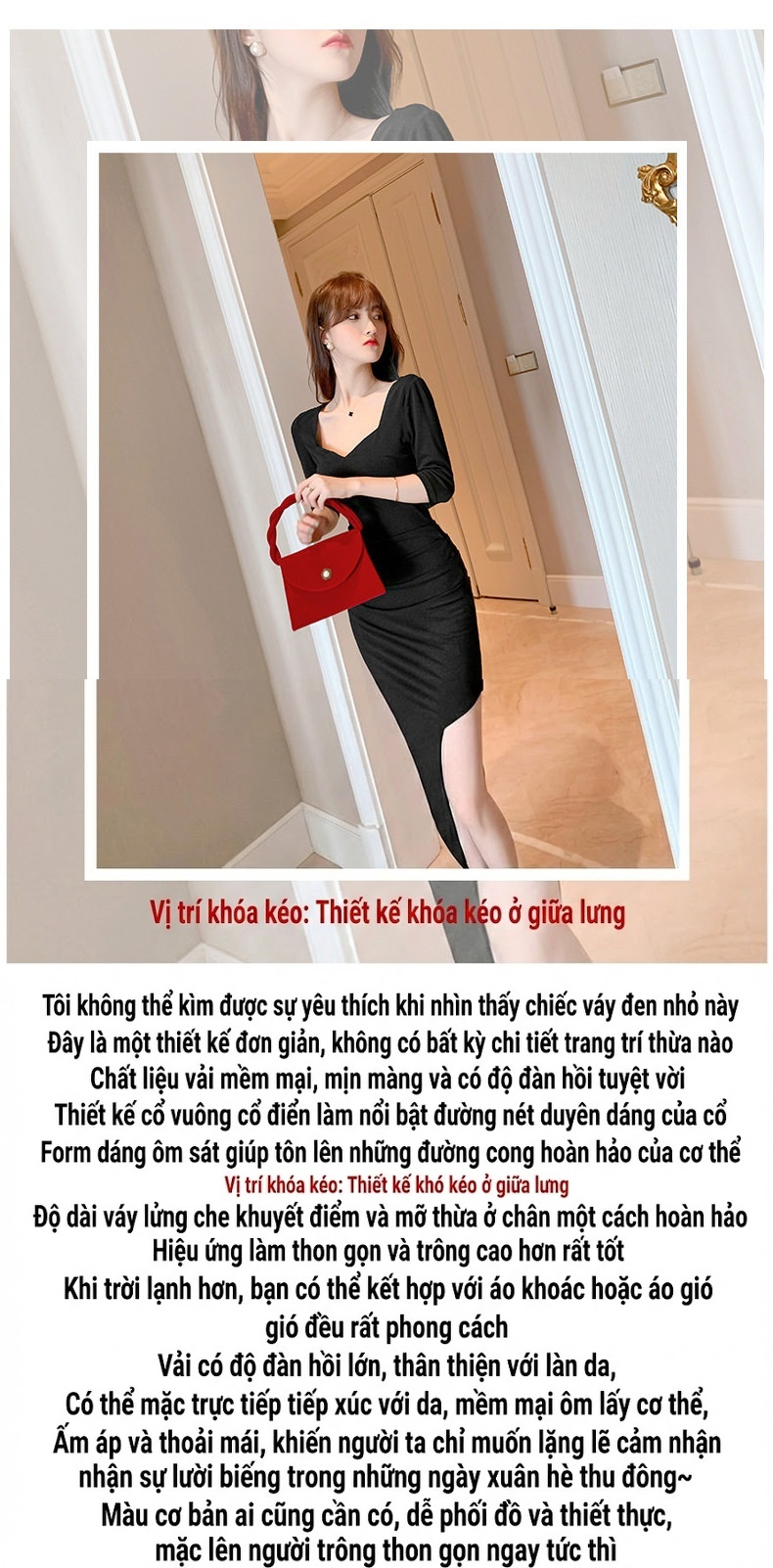 Váy Ôm Body Nữ Cổ chữ V Chữ Xẻ Tà Thiết Kế Thanh Lịch Màu Đen chi tiết 1
