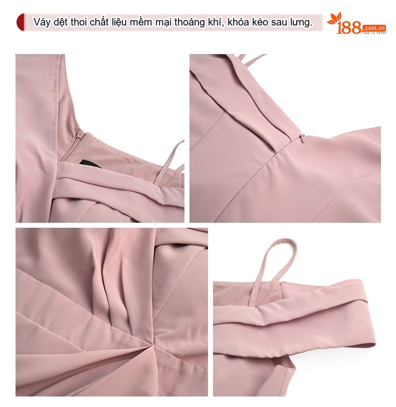 Váy Ôm Body Nữ Cổ Chữ V Hở Vai Thiết Kế Bèo Nhún Màu Hồng chi tiết 3