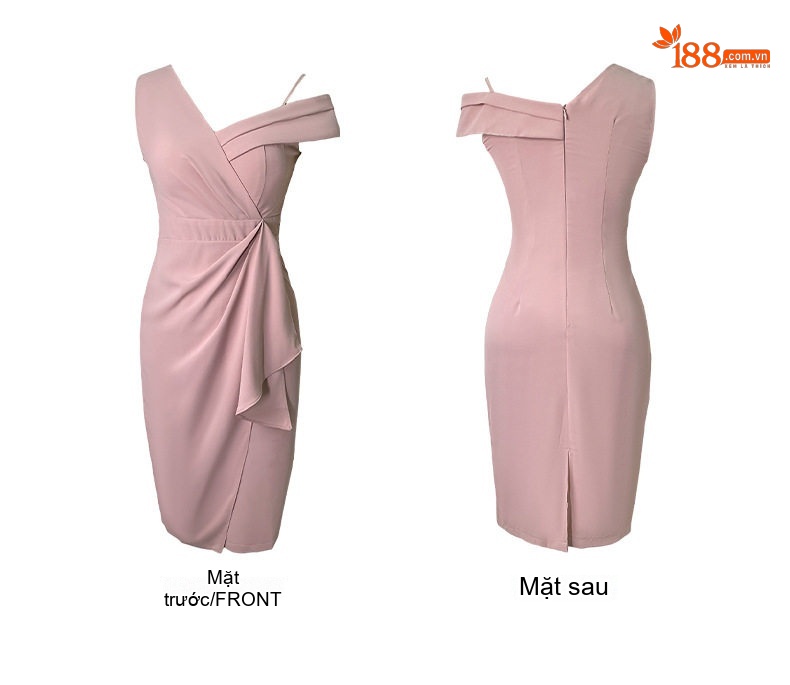 Váy Ôm Body Nữ Cổ Chữ V Hở Vai Thiết Kế Bèo Nhún Màu Hồng chi tiết 4
