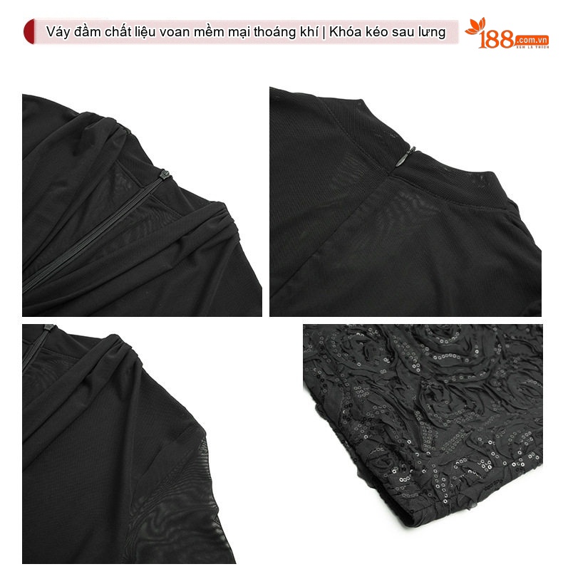 Váy Ôm Body Nữ Cổ chữ V Lưới Tay Dài Đính Hoa 3D Lấp Lánh Màu Đen chi tiết 3