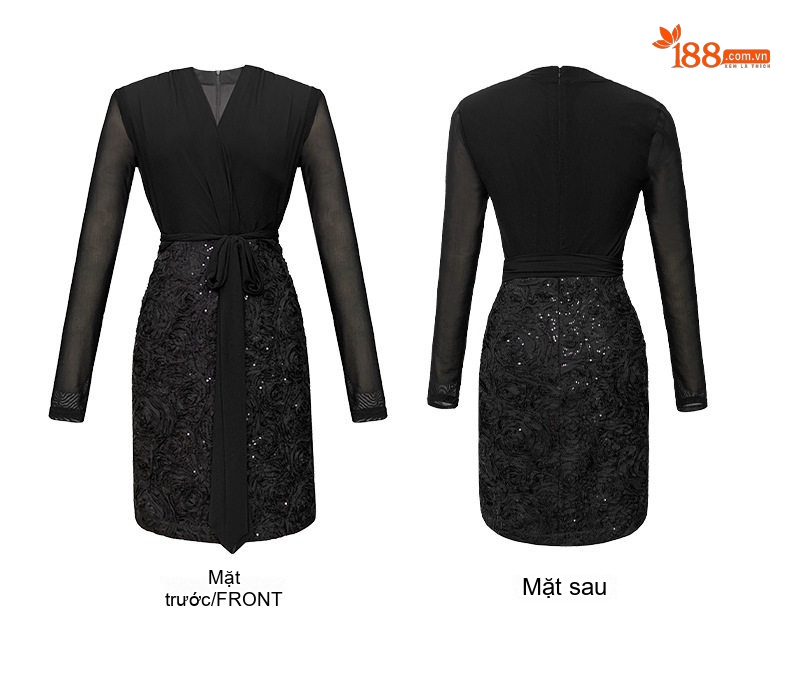 Váy Ôm Body Nữ Cổ chữ V Lưới Tay Dài Đính Hoa 3D Lấp Lánh Màu Đen chi tiết 4