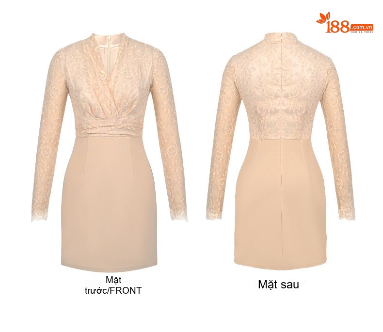 Váy Ôm Body Nữ Cổ chữ V Ren Tay Dài Phong Cách Quý Cô Màu Kem chi tiết 4