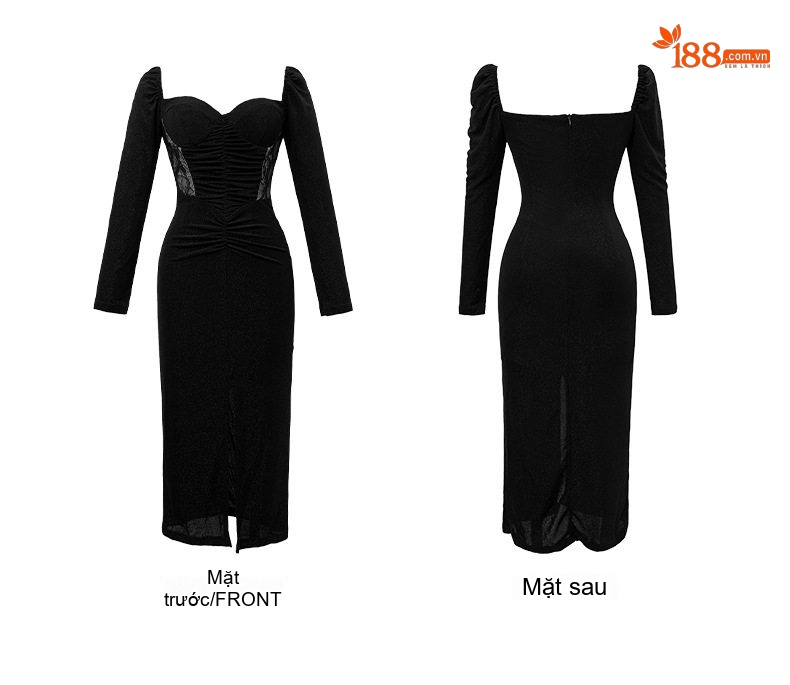Váy Ôm Body Nữ Cổ chữ V Sexy Tay Dài Xẻ Tà Phong Cách Pháp Màu Đen chi tiết 4