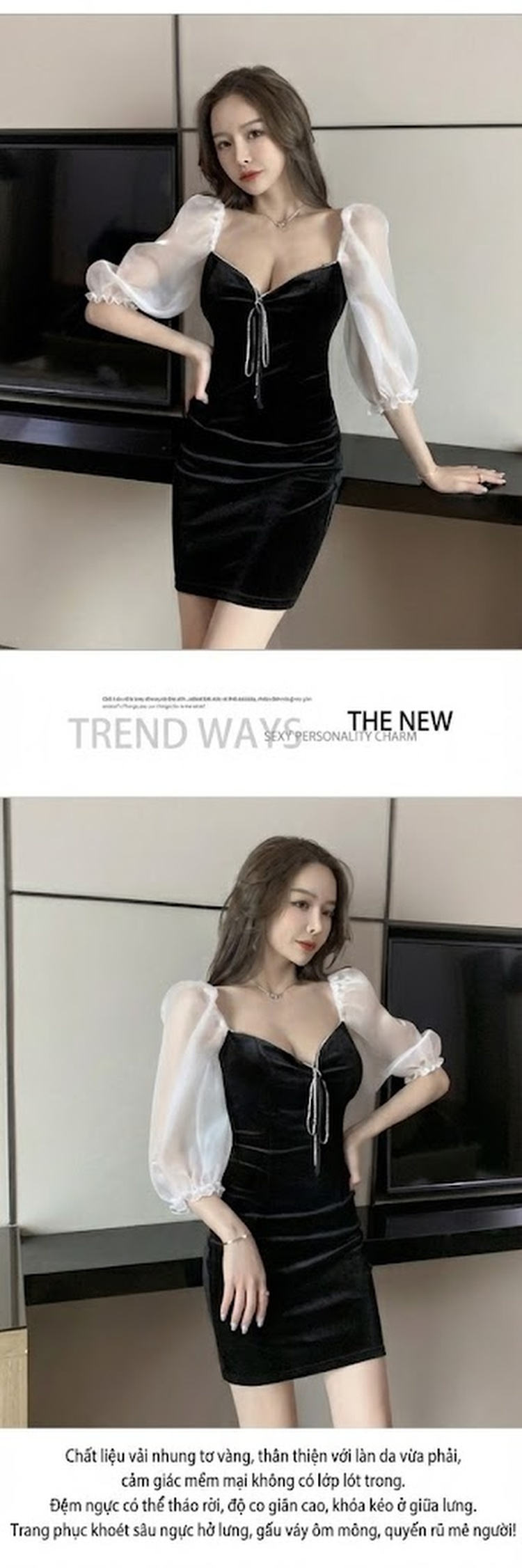 Váy Ôm Body Nữ Cổ Chữ V Tay Bồng Chất Nỉ Nhung Màu Đen, Đỏ chi tiết 1