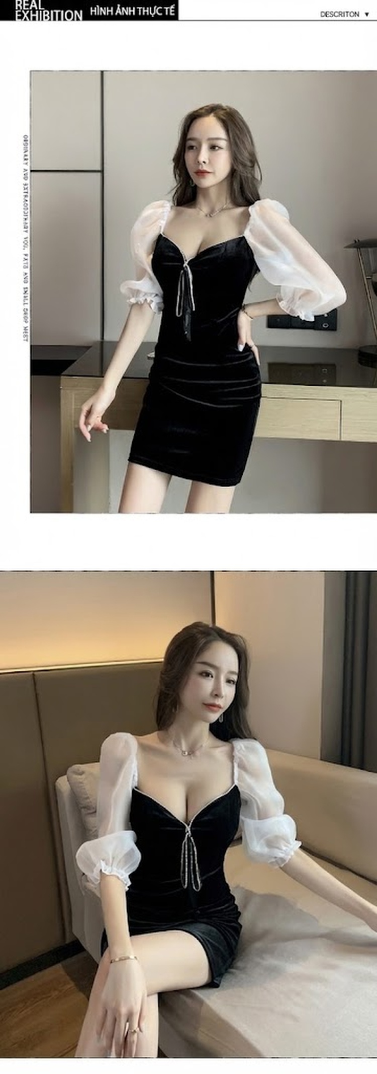 Váy Ôm Body Nữ Cổ Chữ V Tay Bồng Chất Nỉ Nhung Màu Đen, Đỏ chi tiết 3
