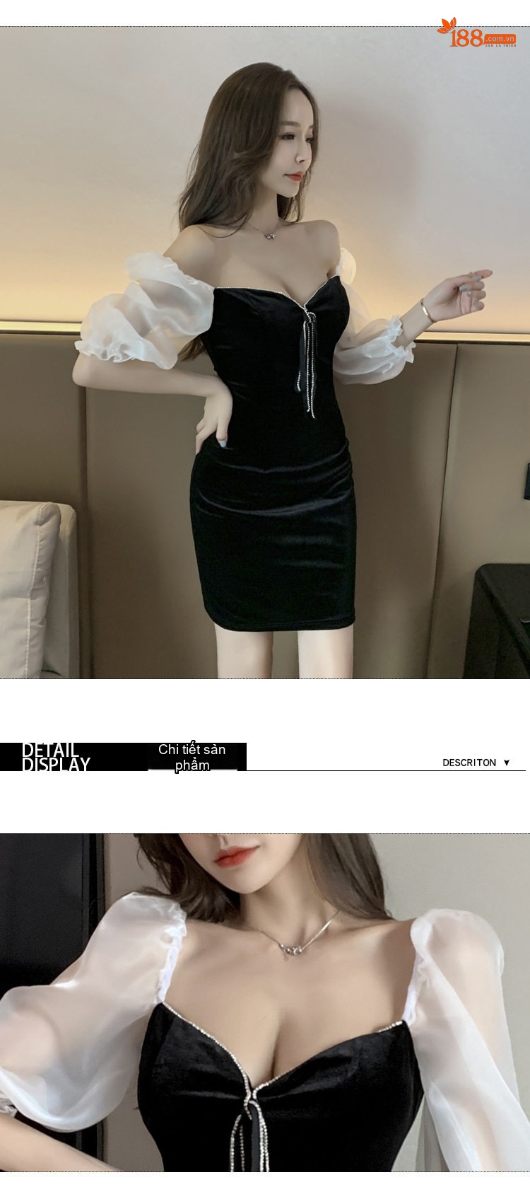Váy Ôm Body Nữ Cổ Chữ V Tay Bồng Chất Nỉ Nhung Màu Đen, Đỏ chi tiết 6