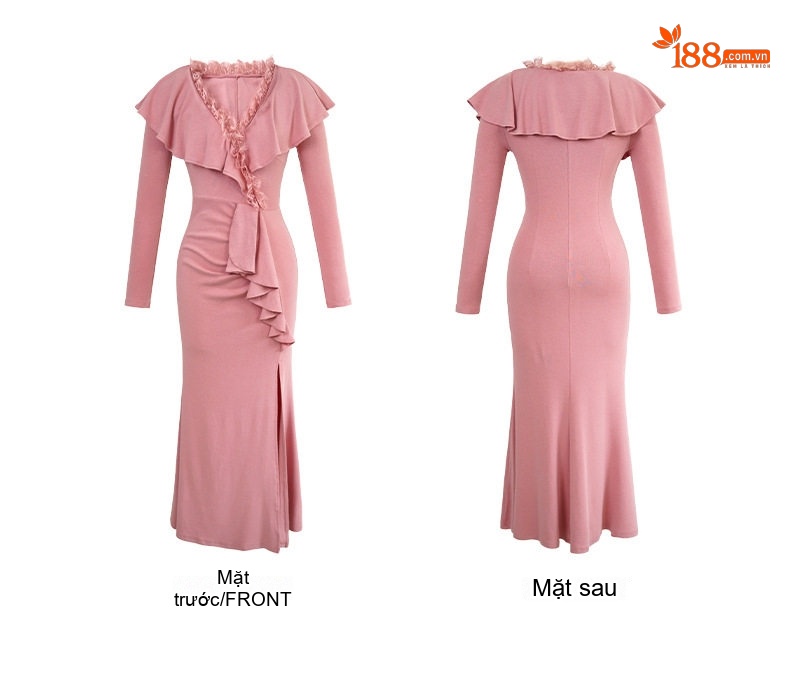 Váy Ôm Body Nữ Cổ chữ V Thiết Kế Bèo Nhún Dáng Dài Xẻ Tà Màu Hồng chi tiết 4
