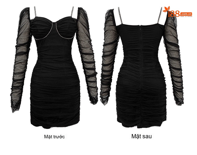 Váy Ôm Body Nữ Cổ chữ V Trễ Vai Tay Dài Lưới Nhún Bèo Phong Cách Gợi Cảm Màu Đen, Be chi tiết 6