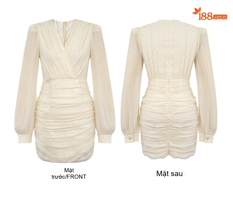 Váy Ôm Body Nữ Cổ chữ V Vải Voan Thiết Kế Nhún Bèo Tôn Dáng Màu Kem chi tiết 4