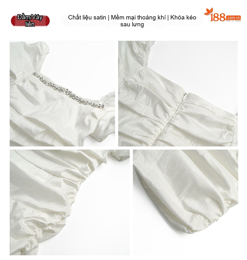 Váy Ôm Body Nữ Cổ chữ Vuông Tay Bồng Đính Đá Màu Trắng, Đen chi tiết 4