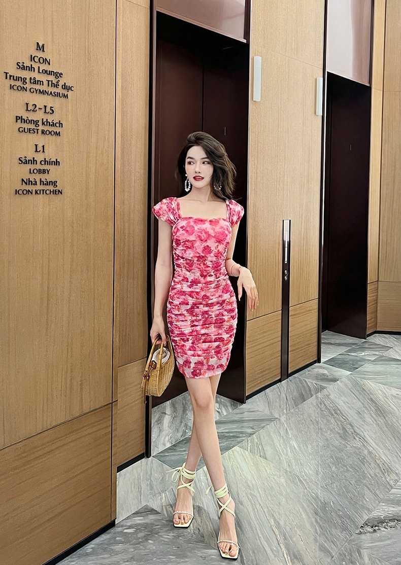 Váy Ôm Body Nữ Cổ chữ Vuông Tay Bồng Họa Tiết Hoa Nhí chi tiết 14